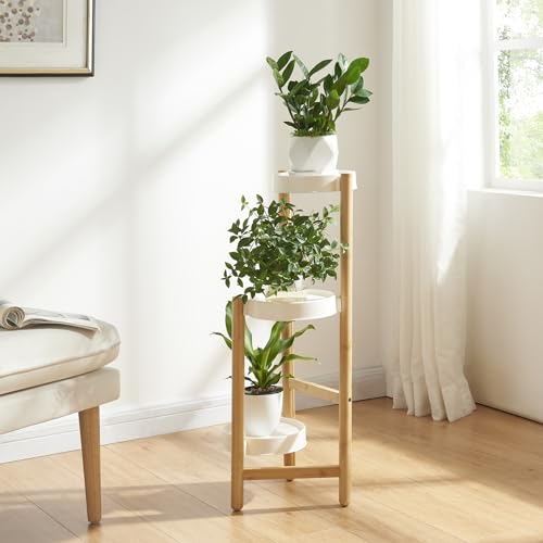 [en.casa] Pflanzenständer Sastamala Blumenregal Blumenständer Bambus mit 3 Ablagen rund Weiß Blumentreppe Pflanzenregal 78 x 32 x 32 cm