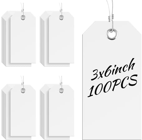 100 Large White Plastic Shipping Tags - 3x6 inch, Heavy Duty, Waterproof, Writable Wire Tags with String Attached for Luggage, Garage, Inventory, Car Parts