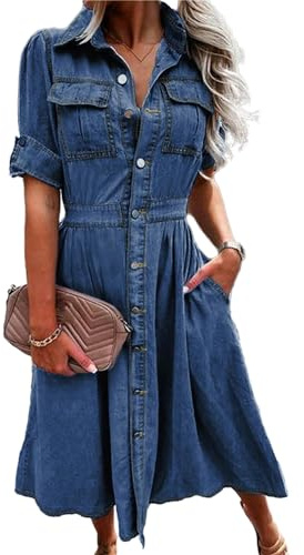AprPith Women Denim Shirt Dress V Neck Short Sleeve Long Bottom Down A-Line Jeans Dresses with Pockets Deep Blue