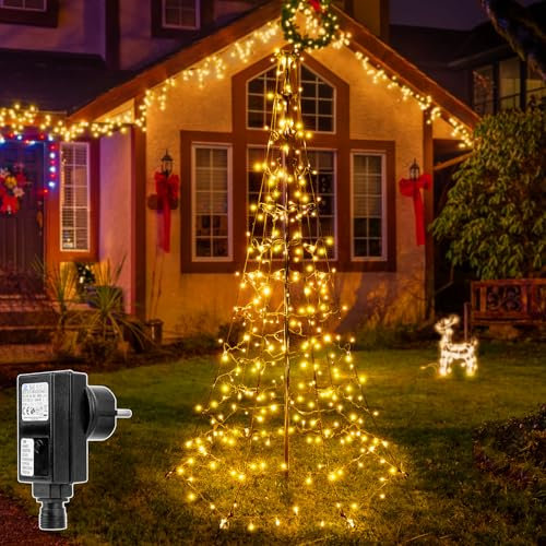 Ollny Weihnachtsbeleuchtung außen 202LEDs 180 cm Lichterkette Weihnachtsbaum, Timer dimmbar mit 8 Modi, IP44 Weihnachtsdeko mit Fernbedienung für Rasen Garten (Warmweiß)