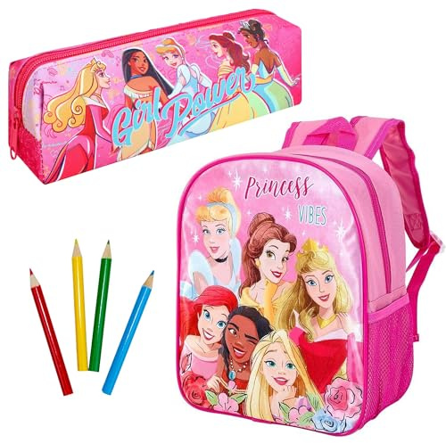 Quickdraw Disney Princess Backpack & Pencil Case Set - Kids Girls Back to School Bag Set - Stationery Storage Adjustable Carry Bags for Children - Pink Girls Princess Designs Rucksack & Pen Case