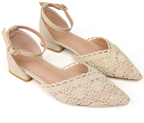 QiBusLeen Dam 2,5 cm låg tjock spetsig tå klackar med elegant vävd, bekvämt spänne ankelrem stängd tå pumps för kvinnor, söt bröllopsfest arbetsklänning dansskor, BEIgE, 36.5 EU