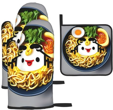 Huevera de fideos ramen, 3 manoplas de horno de Navidad y soportes para ollas, juegos de guantes de horno de regalo, para cocina, hornear y cocinar