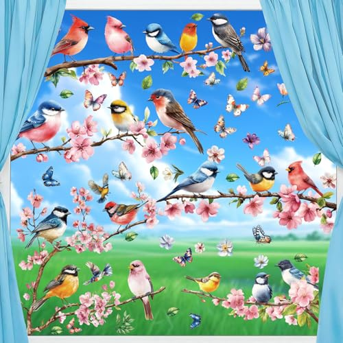 Shinybox Fensterbilder Frühling Selbstklebend, 9 Blätter Fensterbilder Frühling Sommer Schmetterlinge Deko, Blumen Wiederverwendbar, Kinderzimmer Fensterdeko Frühling(E)