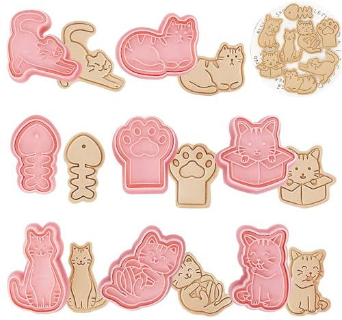 WishesMar 8 pezzi Formine Biscotti Gatto Gattino 3D Stampi Biscotti Tagliabiscotti con Stampa per la Cottura in Cucina, Fondente, Cottura di Decorazioni Festive DIY, Accessori per Pasticceria