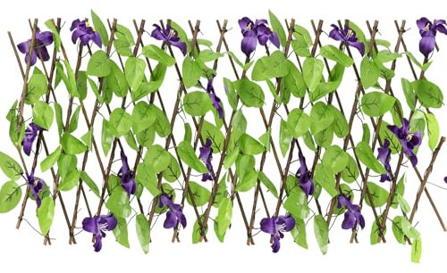 Trintion Artificial Fence Screening, Foldable Trellis with Artificial Leaves, Privacy Garden Fence Screening, Expandable Decorative Faux Ivy Panel for Patio, Outdoor, 30x200cm (1pcs, Purple Flowers)
