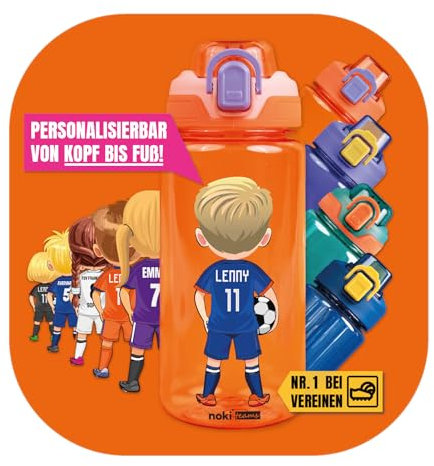 EarlyBird Personalisierte Fußball-Trinkflasche | Dein Name & Trikotnummer | 600ml Kinderflasche mit Avatar in Vereinsfarben | Perfekt für Schule, Sport & Geschenk, Orange - Modell 2