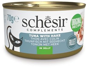 Schesir, Filetti di Tonno con Nasello in Gelatina, Cibo Umido Complementare per Gatti, Ricetta Originale, 100% Naturale, 12 lattine da 70g