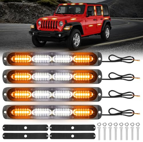 Kairiyard 4 x 24 LED lampeggianti anteriori arancione + bianco, 12V 96W 18 modalità stroboscopiche lampeggianti, IP67, striscia luminosa per auto, camion, trattore auto