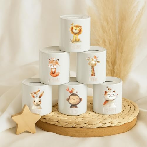 wolga-kreativ Personalisierte Spardose mit Namen – Tiermotive Löwe Fuchs Giraffe Bär – Kinder Spardose Keramik – Geschenk zur Taufe & Geburt – Sparschwein Kinder – Taufgeschenk Junge & Mädchen