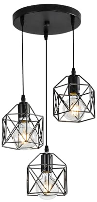 DELIPOP Lampadario a sospensione Vintage Industriale, 3 Luci Lampada da Soffitto in Metallo Ø15 Gabbia Design Esagono, Lampade a Sospensione E27 Nero Retrò per Camera da Letto, Cucina, Sala da Pranzo | Lampada da Soffitto in Metallo Nero Ø15 Gabbia Design Esagono per Camera da Letto, Cucina, Sala da Pranzo