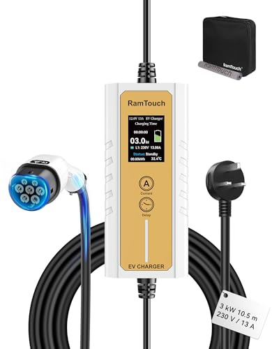 RamTouch Electric Vehicle Charger (3 kW, Type 2, UK 3-Pin Plug, 10.5 m), IP65 Portable Car Charger with Adjustable Current (6A–13A) and Delayed & Timed Charging, Compatible with EVs and Hybrids