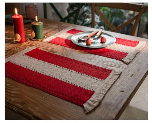Table Mats Cotton Linen Placemats For Dinner Table Macrame Modern Accessory Kitchens Underplate Party Wedding Table Decor Place Mats Set For Kitchen(Red)