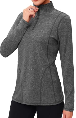 Terecey Sport Langarmshirt Damen Schnelltrocknend Sportshirt Langarm 1/4 Reißverschluss Trainingsshirt Sonnenschutz UPF 50+ Funktionsshirt Atmungsaktiv UV Shirt fur Running Wander, Rauchgrau XL