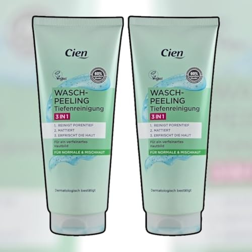 Cien 3 in 1 Wasch-Peeling 200ml – Gesichtspeeling für normale & Mischhaut | Reinigt porentief, mattiert & erfrischt | Gegen Mitesser & fettige Haut | Mit natürlichen Bambus-Partikeln 2er Pack.