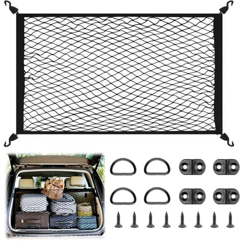 Red elástica para equipaje de coche, 80 x 60 cm, para almacenamiento, red separadora para maletero, organizador para perros, ampliable a 160 x 120 cm, para la mayoría de los coches, con anillas en D