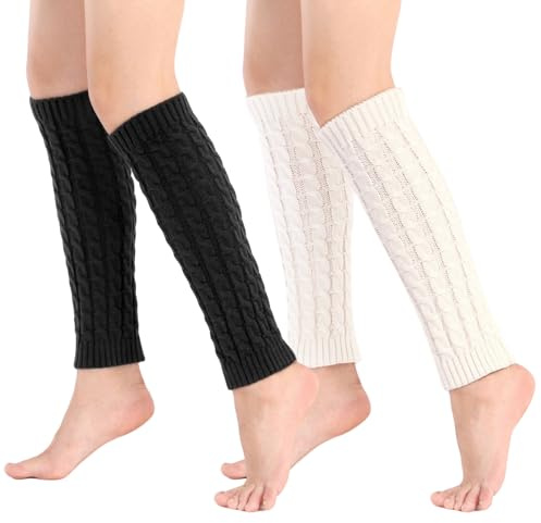 YCICHE 2 Paar Stulpen Damen, 42cm Leg Warmers, Beinwärmer Frauen Mädchen Winter Beinstulpen Damen Schwarz Weiß Stricken Legwarmers, Ballett Yoga Fitness für Winterwärmer