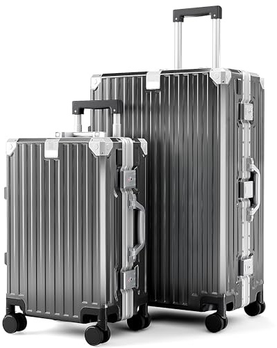 ALPHA CAMP Koffer Set M L Hartschalenkoffer Set Groß mit Rollen Suitcase Set Polycarbonat Aluminium Rahmen Kofferset 2 Teilig TSA Schloss Handgepäck Luggage Set Reisekoffer Grau Rollkoffer Reisen