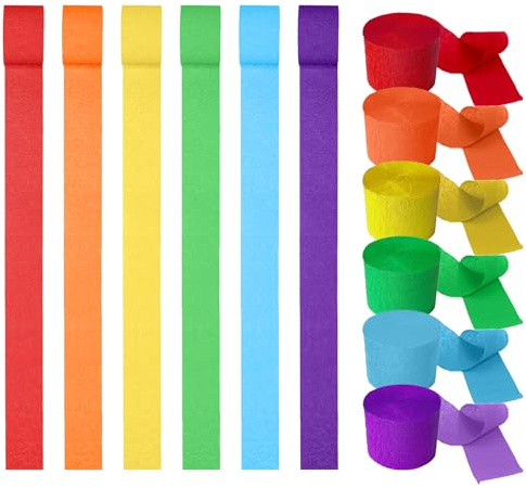 Ovanda Krepppapier Bunt, 6 Rolls Krepppapier Regenbogen, Rot Grün Orange Blau Lila Gelb Krepppapier, 4.5CM x 22M Kreppband Bunt, Streamer Faschingsdeko für Geburtstag Hochzeits