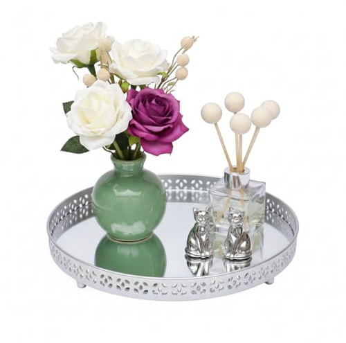 TENLITE Luxe Round Decorative Mirror Tray – Metal Vanity Tray for Perfume, Makeup, Candles & Jewellery | Elegant Home Décor Display Tray for Dressing Table, Bathroom & Living Room - (SILVER)