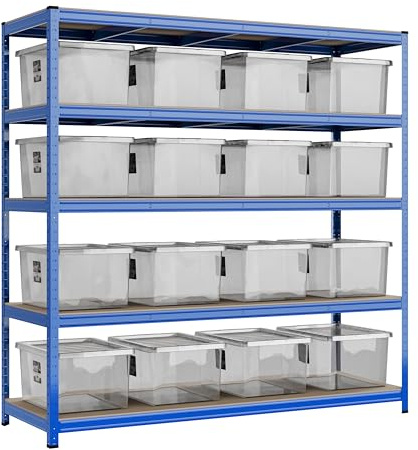 Racking Solutions Heavy Duty Garage Shelving Unit 200KG Per Shelf With Wham Bam Storage Boxes 1000KG Weight Capacity (1800mm H x 1500mm W x 450mm D)