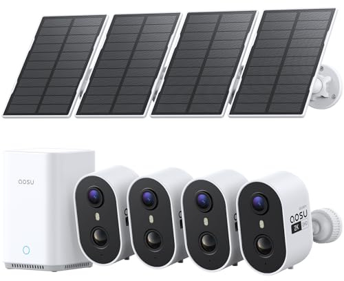 aosu 2K 3MP Überwachungskamera Aussen Solar Akku 4er-Kit mit aosuBase 32GB | Kabellose Kamera Überwachug Aussen WLAN PIR Bewegungssensor Licht & Tonalarm 2-Wege-Audio Farb-Nachtsicht IP65 Wetterfest