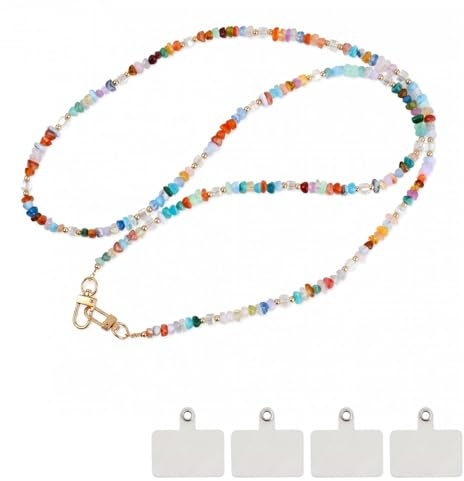 Korechain Handykette Perlen Lang Universal zum Umhängen, Lanyard HandyKette | 120cm Handyband mit 4 Patches, Handykette Bunt Stein für Alle Smartphones, Handyschmuck,Anti-Verlust Draht Perlen Anhänger