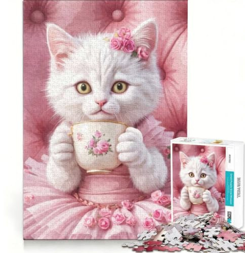 Puzzle pour Adolescents 1000 pièces Chat élégant avec Tasse de thé, Jeu Impossible, Cadeau d'anniversaire, Cadeau d'anniversaire Unique 38x26cm