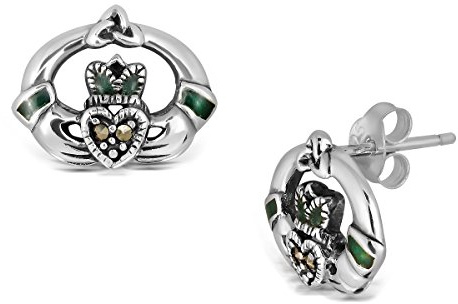 WithLoveSilver Ohrstecker, Sterling-Silber 925, Emaille, Claddagh-Herzkrone, keltischer natürlicher Markasit, Markasit, Sterling Silber, Markasit