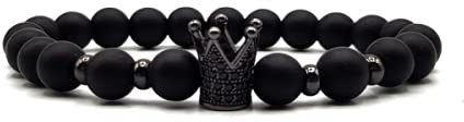 KARDINAL WEIST Onyx Perlenarmband mit Krone Charm Perle, Imperator - Kaiser - King - Queen - Schmuck für Damen und Herren