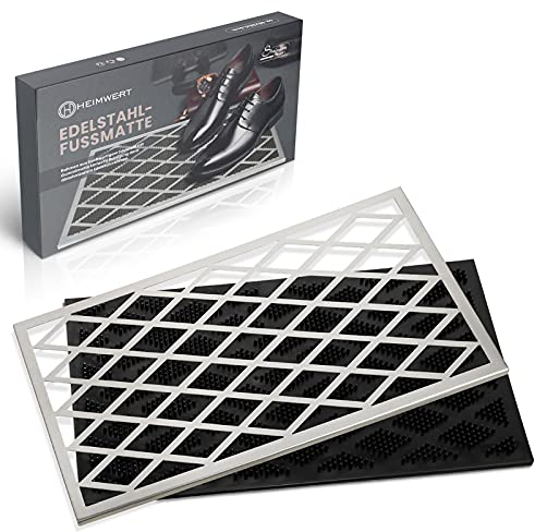 Heimwert Premium Fußmatte für Außen aus rostfreiem Edelstahl | Abnehmbarer Edelstahlrahmen | Gummi-Schmutzfangmatte | Leicht zu reinigen | Ideal für Hauseingänge | 58x38cm