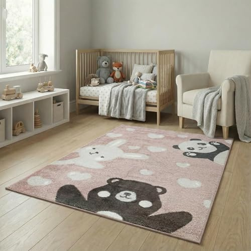 Barnrumsmatta – mattor för barnrum, barnmatta, flicka, björn, hare, panda, hjärta (ljusrosa, storlek: 120 x 170 cm)