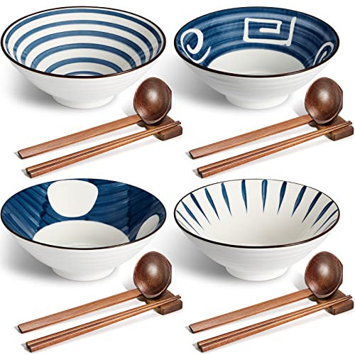Ceramic Ramen Bowl, 40 oz Japanese Large Noodle Bowls with Spoons, Chopsticks and Chopsticks Stand for Udon, Soba, Pho, Noodles, Ramen, Salad and Soup, Set of 4 (Retro Style)