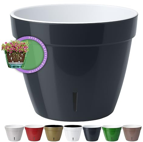 Santino ASTI 18 cm självvattnande blomkruka med vattennivåindikator för anläggningar, blommor, örter (Ø 18 cm, höjd 14 cm, 2,5 l – antracit/vit)