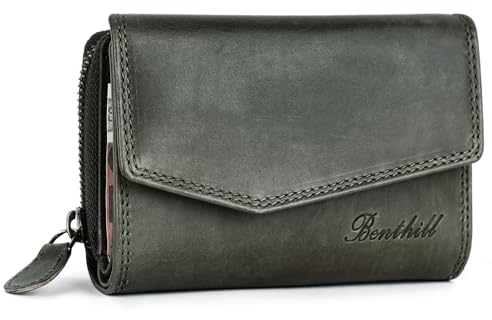 Benthill Damen Geldbörse Echt Leder - Portemonnaie mit RFID Schutz - Portmonee viele Kartenfächer - Echtleder Vintage Damenbörse inkl. Geschenkbox, Farbe:Olive - Grau