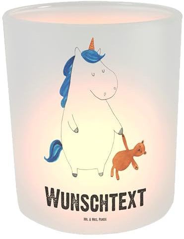 Mr. & Mrs. Panda Personalisiertes Windlicht Einhorn Teddy - Personalisierte Geschenke, Windglas, Kerzengläser, Unicorn, Windlichter mit Namen, Träumen, schlafen, Bett, Einhörner, Teelichthalter