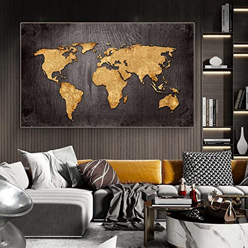 Världskarta Affischer och tryck Gyllene konst Bild Canvas Väggmålning för Vardagsrum Sovrum Kontor Modern heminredning 27,5x39,4(70x100cm) Ingen ram