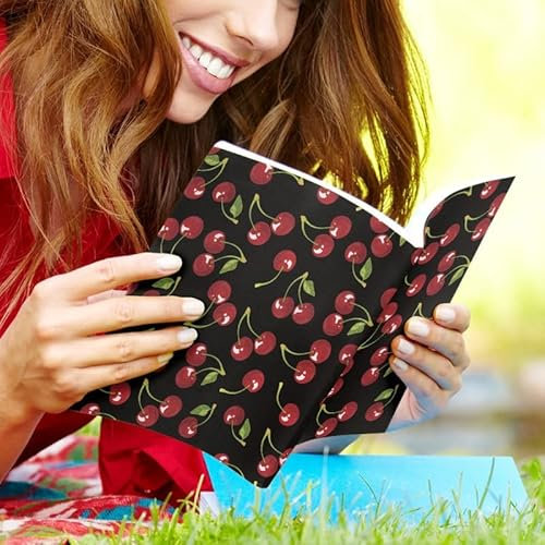 Kuiaobaty Buchhülle mit Kirschmuster, für Buchliebhaber, roter Kirschdruck, Schutzhülle zum Reinschlüpfen, Jacken für Schulbuch