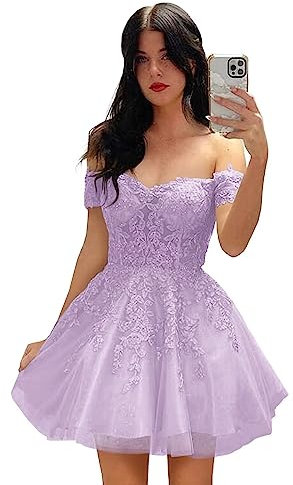Basgute Robe de soirée courte en dentelle pour adolescents 2023 en tulle pailleté avec épaules dénudées, lilas, 44