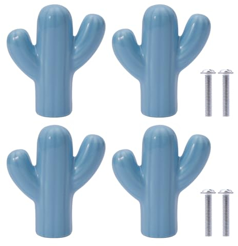NAKUPENDA 4 Stück Keramik Türgriff Möbelknöpfe Kaktusform Schrank Schubknöpfe Knauf Griffe für Kinderzimmer Küchen Schränke Bücherregal (Blau)