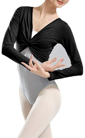 HEARTTOUCH Damen Ballettjacke Wickeljacke Baumwolle Langarm Schulterjacke Bolero Tops Einfarbig Tanzoberteil Yoga Gymnastik Oberteil Tanzbekleidung (Schwarz,S)