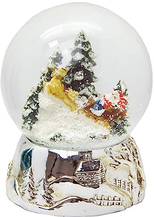 Schneekugel Weihnachtsmann rot Geschenkeschlitten auf Sockel nostalgische Schneelandschaft Weihnachten Winter Silber mit Spieluhr - 100mm breit * 20165