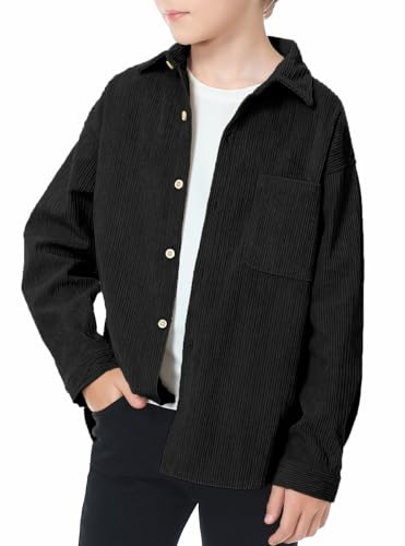 LOLANTA Camisa Niños de Pana Relaxed Fit, Sobrecamisa Oversize Color Sólido para Nino, Negro, 7-8 años, Tag 130