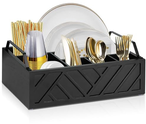Ukonvi Paper Plate Dispenser and Holder for Kitchen Counter, Wood Rustic Silverware Utensil Caddy, Cutlery Flatware Organizer Box for Cups Spoons Forks Napkins, Kitchen Accessories