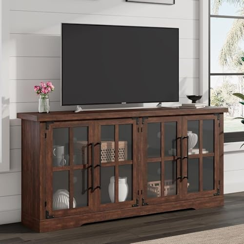 LUXOAK 63 Farmhouse TV Stand with 4 Glass Doors, Modern Buffet Sideboard Cabinet with Storage, Entertainment Center with Adjustable Shelf for TV's up to 75, Espresso