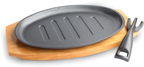 Luxus - Grillplatte tipan Set oval - Mit Holzbrett und Griff - Gratinierschale - Servierpfanne aus Gusseisen - Servierbrett - Bratpfanne oval - Grillplatte - Grillpfanne - Grillpfanne - Grillpfanne -