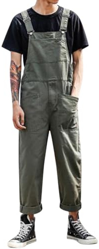 Oanviso Herren Latzhose Overalls Cargo Jeans mit Hosenträger Retro Jumpsuit Arbeitshose Loose Fit Arbeitslatzhosen Latzanzug Männer Overall Streetwear Casual J Grün XL