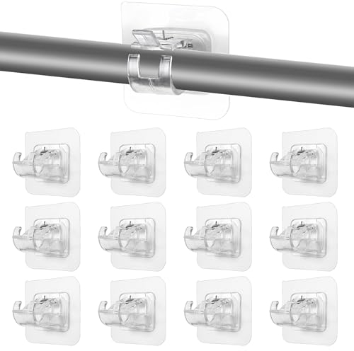 WOUMON Ganci per Tende Senza Bucare,12 Pezzi Staffa Autoadesiva per Asta Tende Trasparente,Supporto per Bastone per Tenda per Casa, Bagno, Hotel (Trasparente)