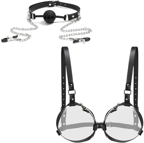 3-IN-1 BDSMs Spielzeug Extrem für Frauen,BDSM Knebel Mund Extrem Silikon Ball Gag mit Nippelklemmen Kette + Harness Damen Oberkörper Leder Bh Brustgurte Sexy Dessous,Bondageset Fessel Set