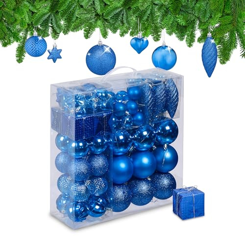 Relaxdays Weihnachtskugeln 110er Set, Kunststoff, Weihnachtsbaumdeko mit Kugeln & Lametta, Christbaumschmuck, Farbwahl | Weihnachtsbaumdeko mit Kugeln & Lametta uvm., Christbaumschmuck